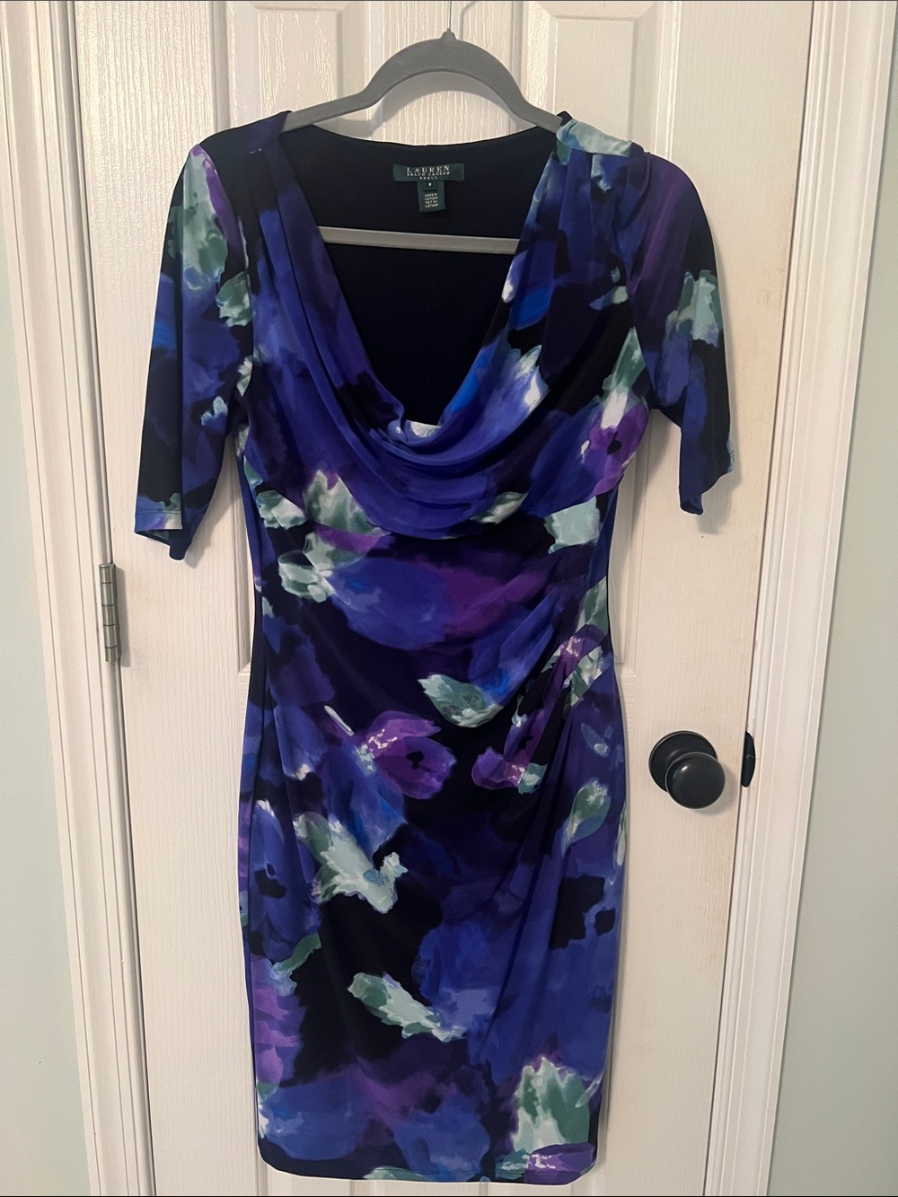 Lauren Ralph Lauren Blue & Purple Floral Cowl-Neck Midi Dress